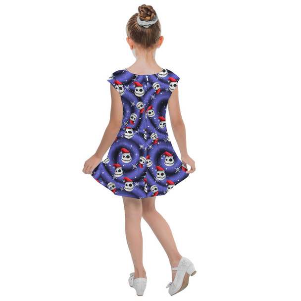 Girls Cap Sleeve Pleated Dress - Jack Skellington with Santa Hat