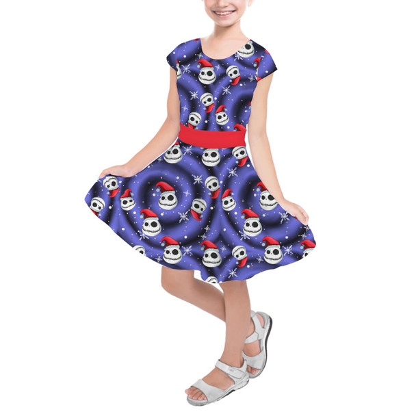 Girls Short Sleeve Skater Dress - Jack Skellington with Santa Hat