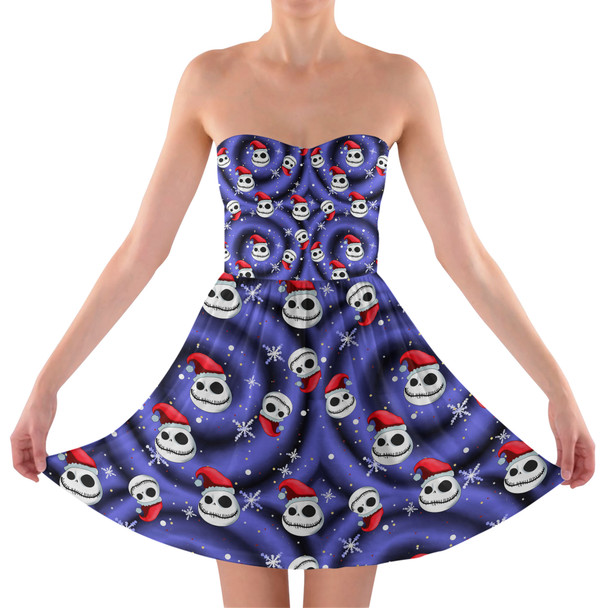 Sweetheart Strapless Skater Dress - Jack Skellington with Santa Hat