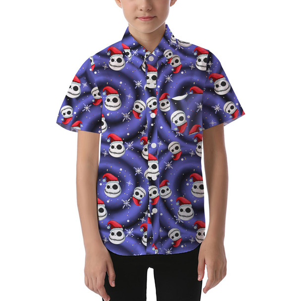 Kids' Button Down Short Sleeve Shirt - Jack Skellington with Santa Hat