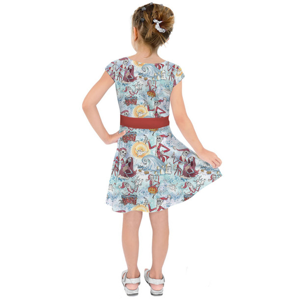 Girls Short Sleeve Skater Dress - Santa Jack with Sally & Zero