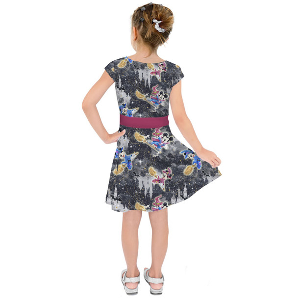 Girls Short Sleeve Skater Dress - Watercolor Halloween Mickey & Minnie