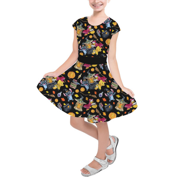 Girls Short Sleeve Skater Dress - Watercolor Disney Halloween Friends