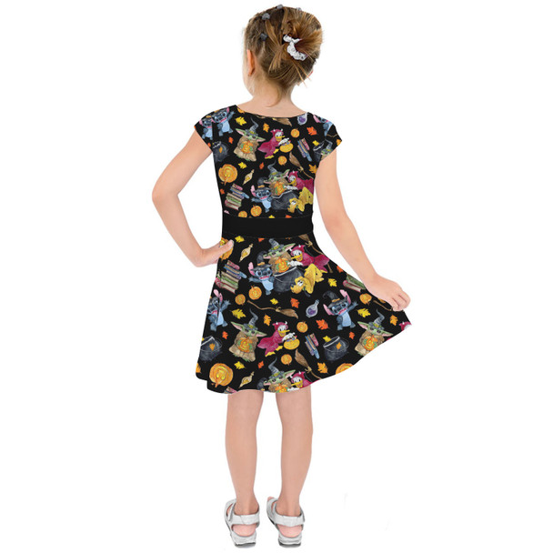 Girls Short Sleeve Skater Dress - Watercolor Disney Halloween Friends