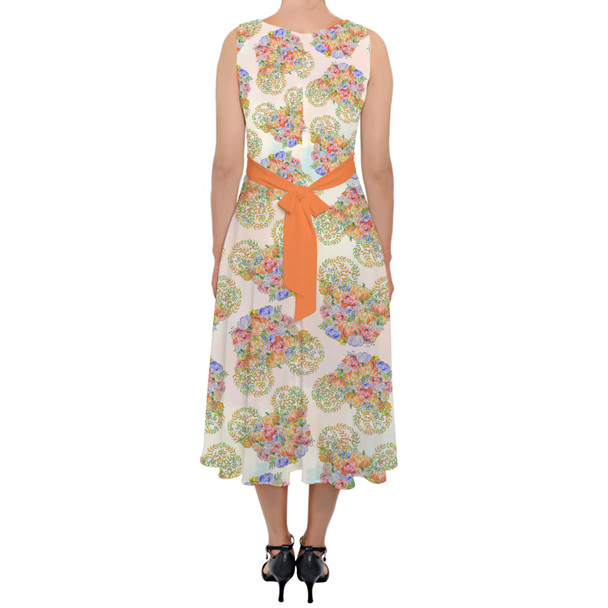 Belted Chiffon Midi Dress - Floral Pumpkin Mouse Ears