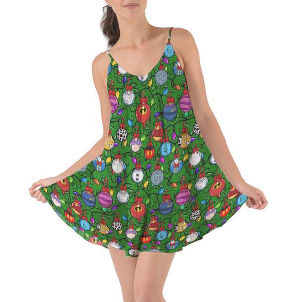 Beach Cover Up Dress - Disney Christmas Baubles on Green