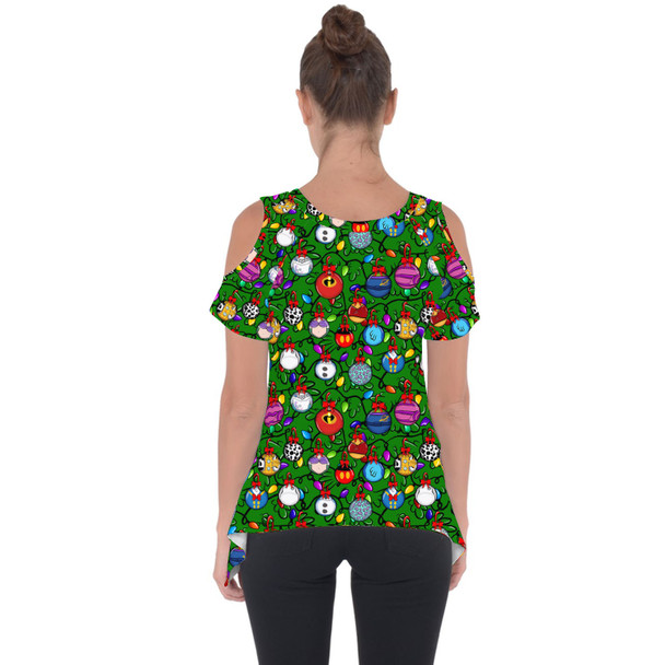 Cold Shoulder Tunic Top - Disney Christmas Baubles on Green