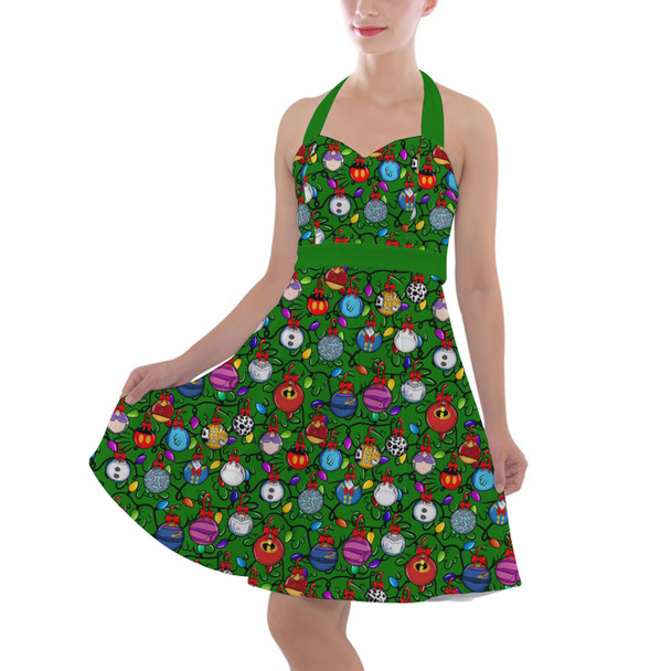 Halter Vintage Style Dress - Disney Christmas Baubles on Green