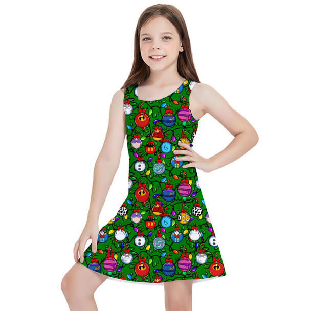 Girls Sleeveless Dress - Disney Christmas Baubles on Green