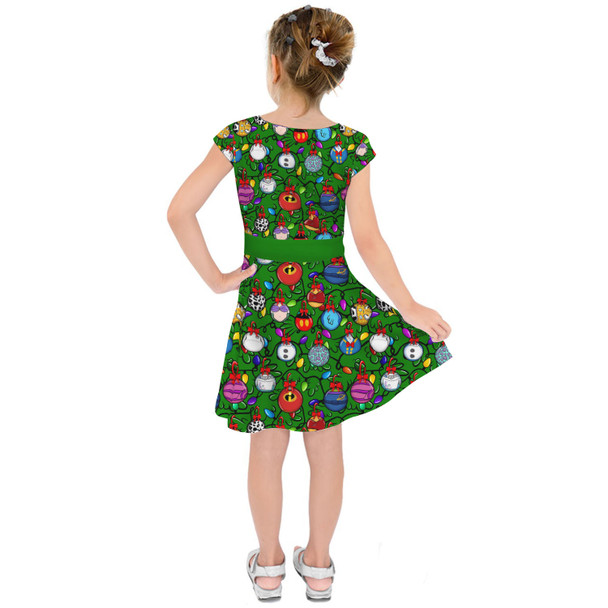 Girls Short Sleeve Skater Dress - Disney Christmas Baubles on Green