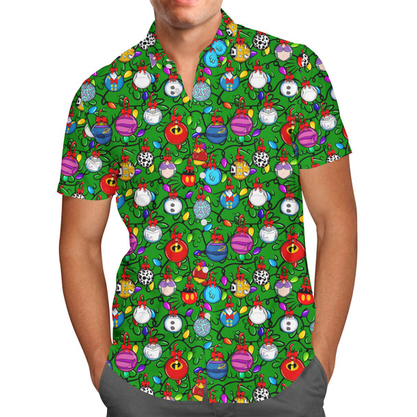 Men's Button Down Short Sleeve Shirt - Disney Christmas Baubles on Green