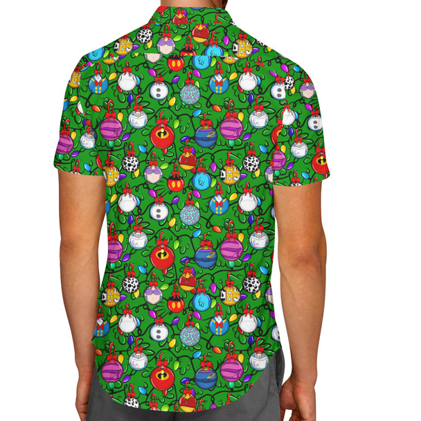 Men's Button Down Short Sleeve Shirt - Disney Christmas Baubles on Green