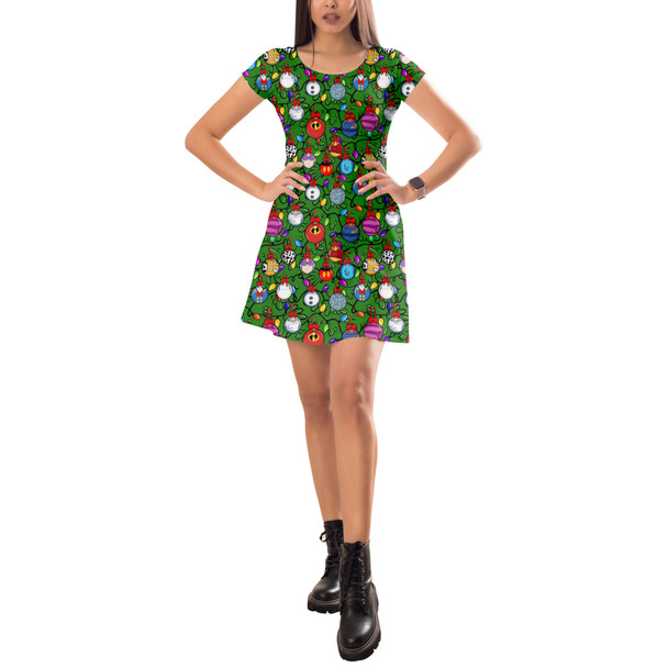 Short Sleeve Dress - Disney Christmas Baubles on Green