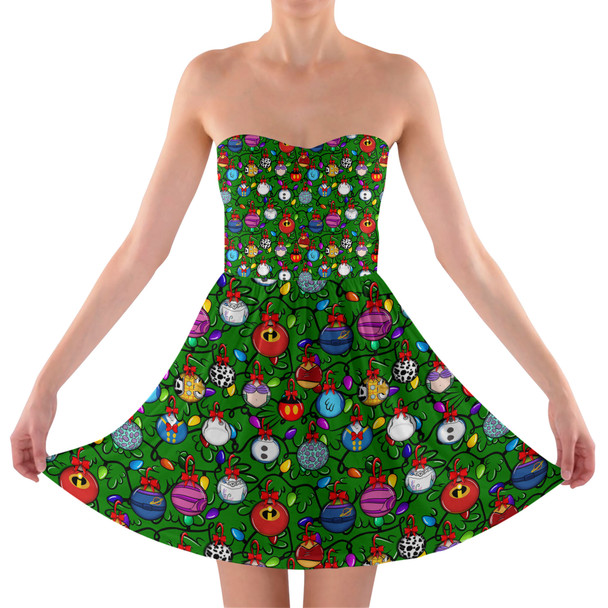 Sweetheart Strapless Skater Dress - Disney Christmas Baubles on Green