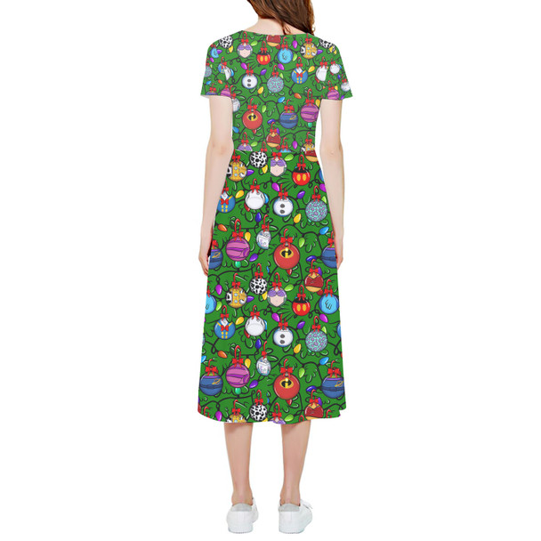 High Low Midi Dress - Disney Christmas Baubles on Green