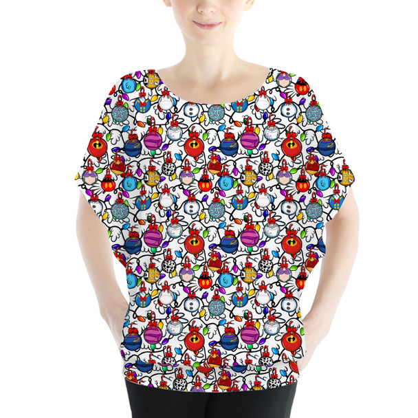 Batwing Chiffon Top - Disney Christmas Baubles on White