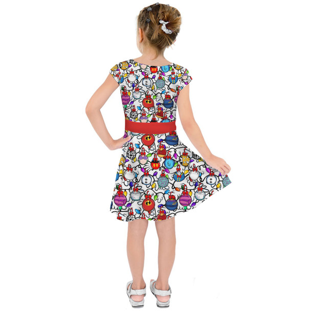 Girls Short Sleeve Skater Dress - Disney Christmas Baubles on White