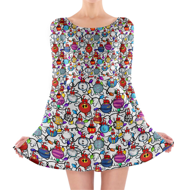 Longsleeve Skater Dress - Disney Christmas Baubles on White