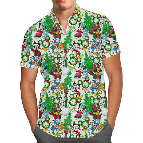 Men's Button Down Short Sleeve Shirt - Mickey & Friends Christmas Decorations