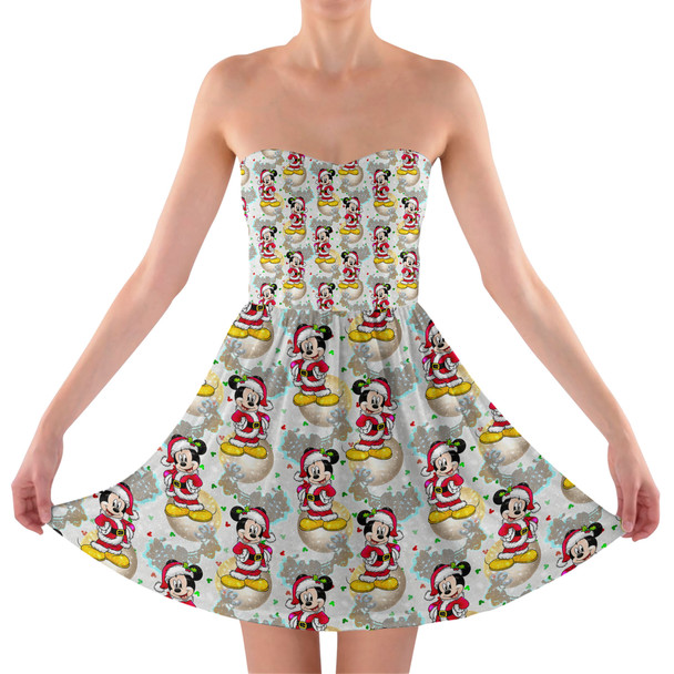 Sweetheart Strapless Skater Dress - Santa Mickey Mouse