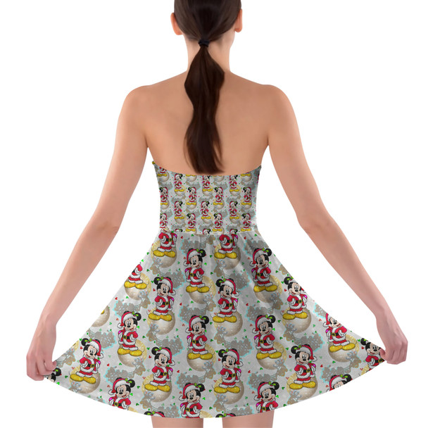 Sweetheart Strapless Skater Dress - Santa Mickey Mouse