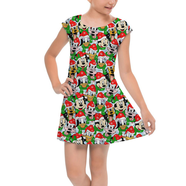 Girls Cap Sleeve Pleated Dress - Mickey & Friends Santa Hats