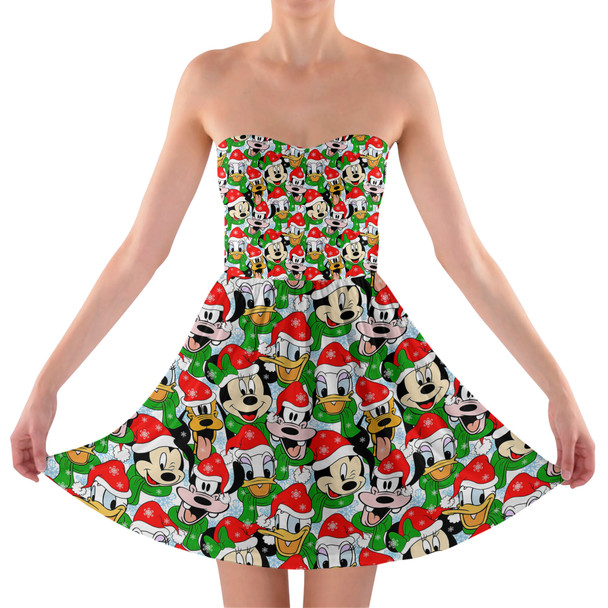 Sweetheart Strapless Skater Dress - Mickey & Friends Santa Hats