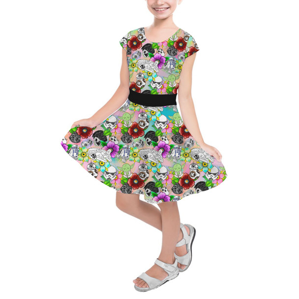 Girls Short Sleeve Skater Dress - Sketched Floral Star Wars