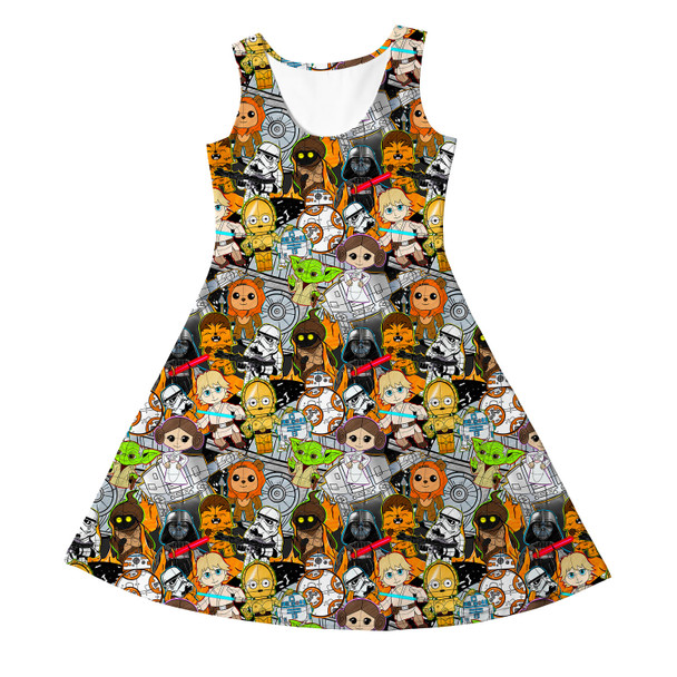 Girls Sleeveless Dress - Sketched Cute Star Wars Characters