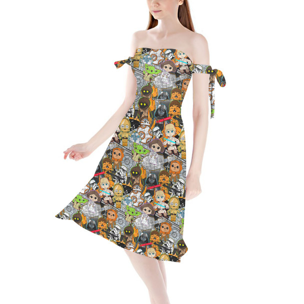 Strapless Bardot Midi Dress - Sketched Cute Star Wars Characters