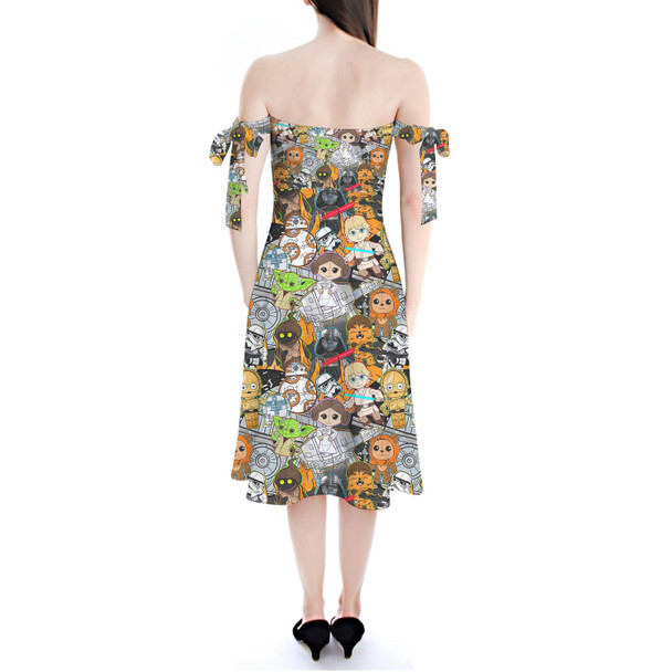 Strapless Bardot Midi Dress - Sketched Cute Star Wars Characters