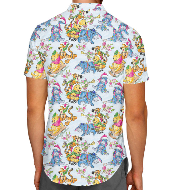 Men's Button Down Short Sleeve Shirt - A Pooh Bear Christmas