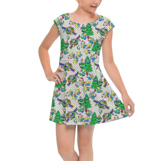 Girls Cap Sleeve Pleated Dress - A Buzz & Aliens Christmas