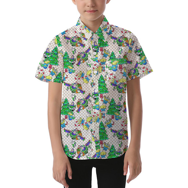 Kids' Button Down Short Sleeve Shirt - A Buzz & Aliens Christmas