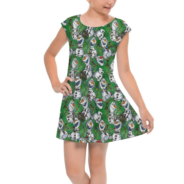 Girls Cap Sleeve Pleated Dress - Sketched Olaf Christmas