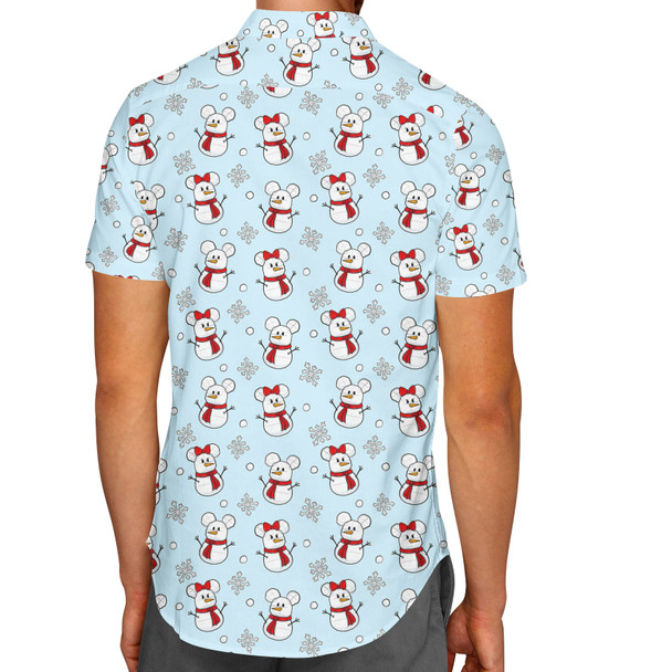 Men's Button Down Short Sleeve Shirt - Mickey & Minnie Snowmen