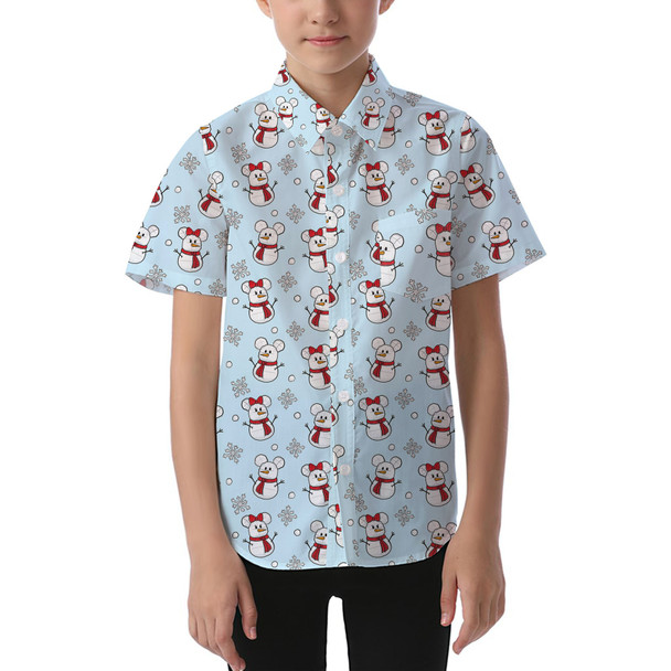 Kids' Button Down Short Sleeve Shirt - Mickey & Minnie Snowmen