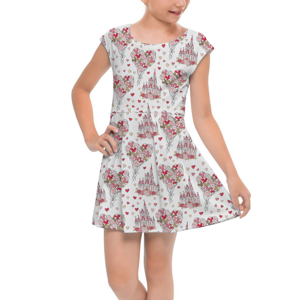 Girls Cap Sleeve Pleated Dress - Valentine Disney Castle