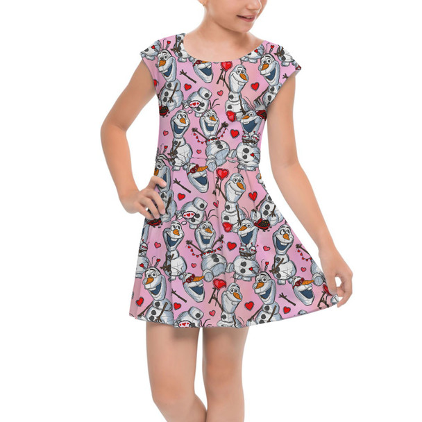 Girls Cap Sleeve Pleated Dress - Sketched Olaf Valentine's Day