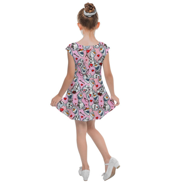 Girls Cap Sleeve Pleated Dress - Sketched Olaf Valentine's Day