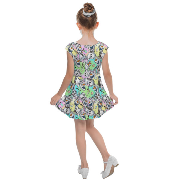 Girls Cap Sleeve Pleated Dress - Sketched Olaf Easter