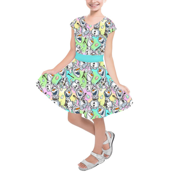 Girls Short Sleeve Skater Dress - Sketched Olaf Easter