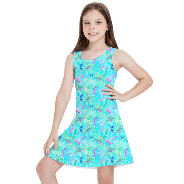 Girls Sleeveless Dress - Neon Floral Baby Turtle Squirt