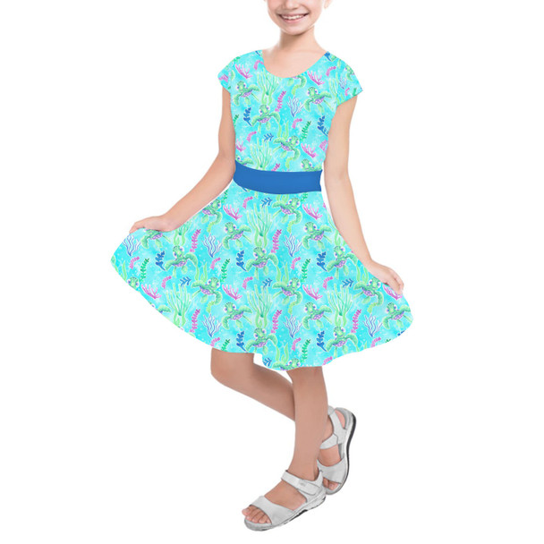 Girls Short Sleeve Skater Dress - Neon Floral Baby Turtle Squirt