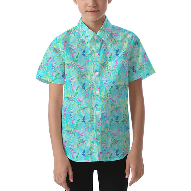 Kids' Button Down Short Sleeve Shirt - Neon Floral Baby Turtle Squirt