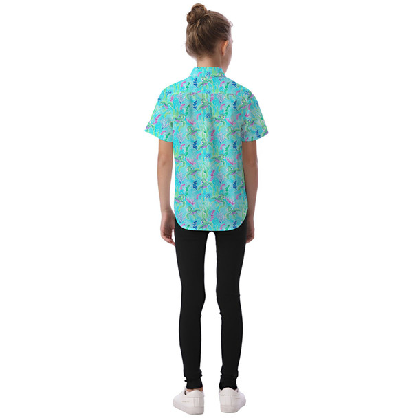 Kids' Button Down Short Sleeve Shirt - Neon Floral Baby Turtle Squirt