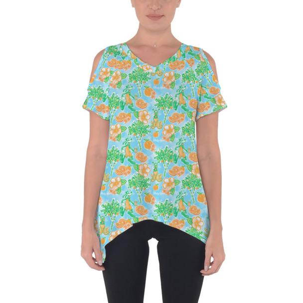 Cold Shoulder Tunic Top - Neon Floral Tangerine Goofy & Pluto