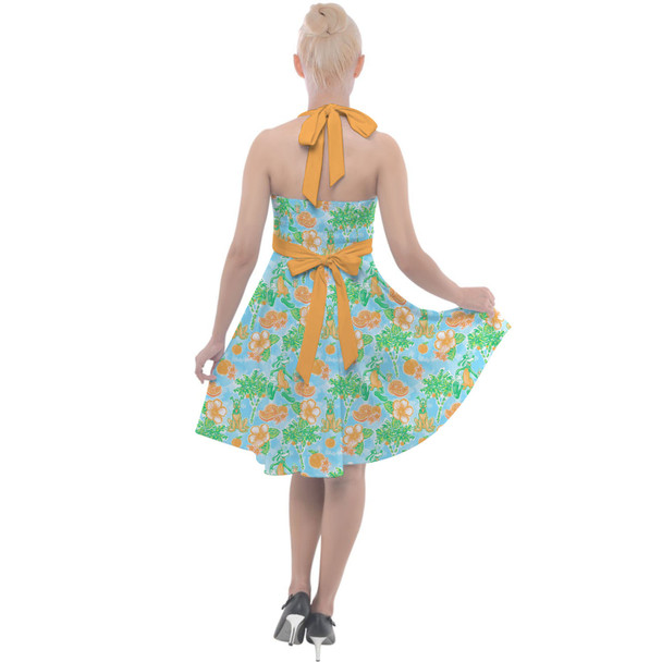 Halter Vintage Style Dress - Neon Floral Tangerine Goofy & Pluto