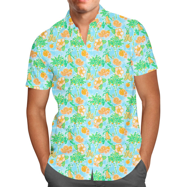 Men's Button Down Short Sleeve Shirt - Neon Floral Tangerine Goofy & Pluto