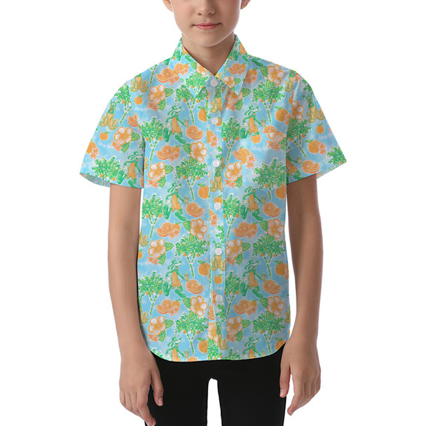 Kids' Button Down Short Sleeve Shirt - Neon Floral Tangerine Goofy & Pluto